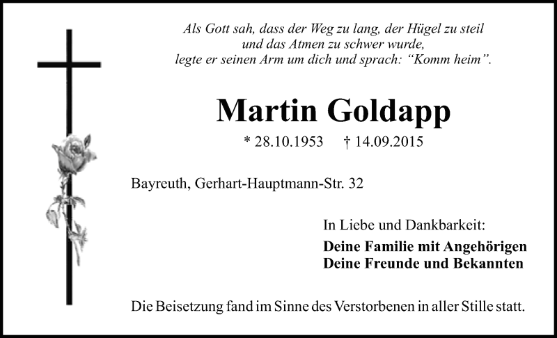  Traueranzeige für Martin Goldapp vom 26.09.2015 aus Nordbayerischer Kurier