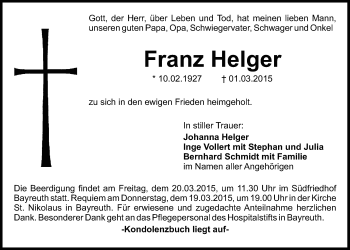 Anzeige von Franz Helger von Nordbayerischer Kurier