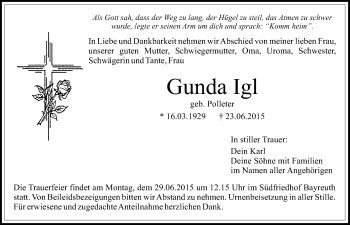 Anzeige von Gunda Igl von Nordbayerischer Kurier