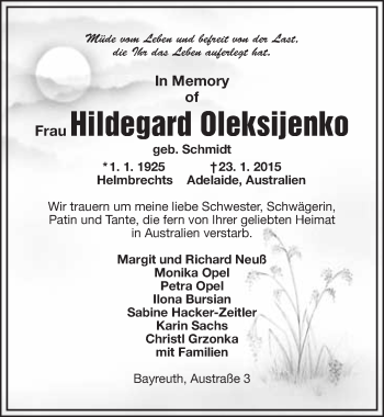 Anzeige von Hildegard Oleksijenko von Nordbayerischer Kurier