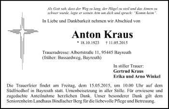 Anzeige von Anton Kraus von Nordbayerischer Kurier