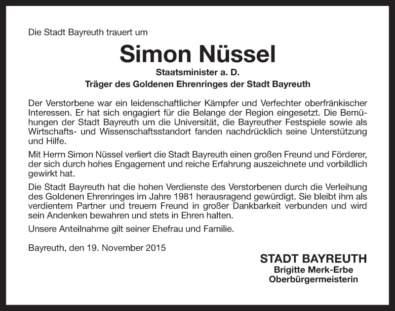  Traueranzeige für Simon Nüssel vom 19.11.2015 aus Nordbayerischer Kurier