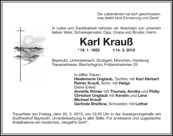 Anzeige von Karl Krauß von Nordbayerischer Kurier