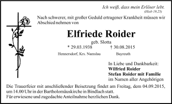 Anzeige von Elfriede Roider von Nordbayerischer Kurier