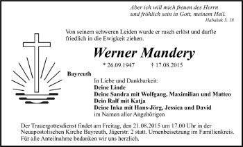 Anzeige von Werner Mandery von Nordbayerischer Kurier
