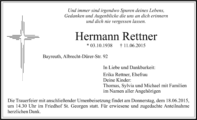  Traueranzeige für Hermann Rettner vom 16.06.2015 aus Nordbayerischer Kurier