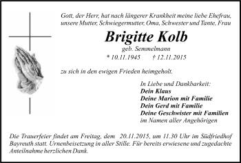 Anzeige von Brigitte Kolb von Nordbayerischer Kurier