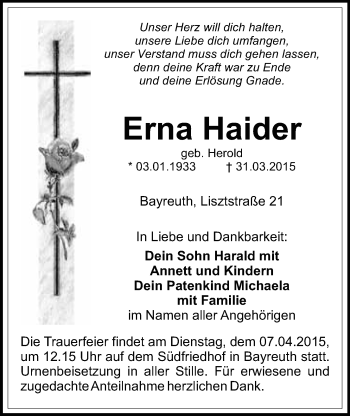 Anzeige von Erna Haider von Nordbayerischer Kurier