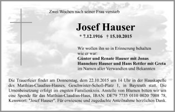 Anzeige von Josef Hauser von Nordbayerischer Kurier