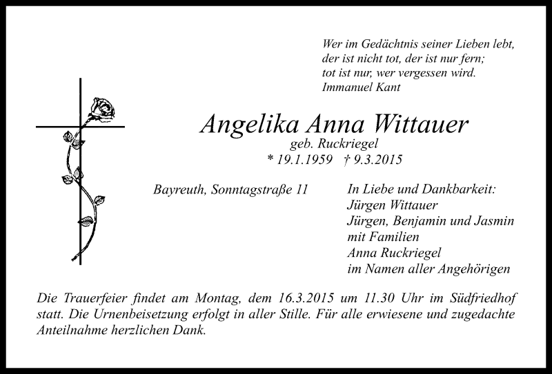  Traueranzeige für Angelika Anna Wittauer vom 13.03.2015 aus Nordbayerischer Kurier