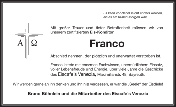 Anzeige von Gianfranco Sartori von Nordbayerischer Kurier