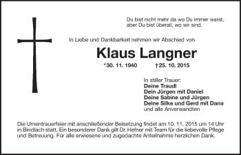 Anzeige von Klaus Langner von Nordbayerischer Kurier