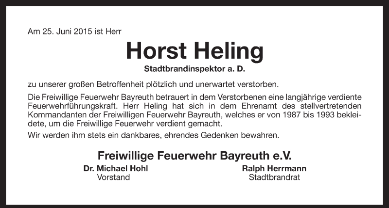  Traueranzeige für Horst Heling vom 03.07.2015 aus Nordbayerischer Kurier