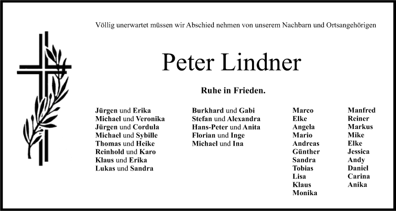  Traueranzeige für Peter Lindner vom 03.10.2015 aus Nordbayerischer Kurier