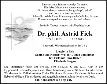 Anzeige von Astrid Fick von Nordbayerischer Kurier