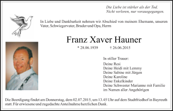 Anzeige von Franz Xaver Hauner von Nordbayerischer Kurier
