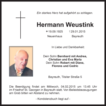Anzeige von Hermann Weustink von Nordbayerischer Kurier