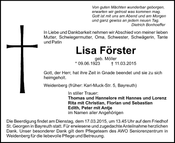 Anzeige von Lisa Förster von Nordbayerischer Kurier
