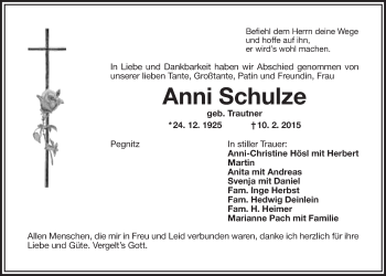 Anzeige von Anni Schulze von Nordbayerischer Kurier