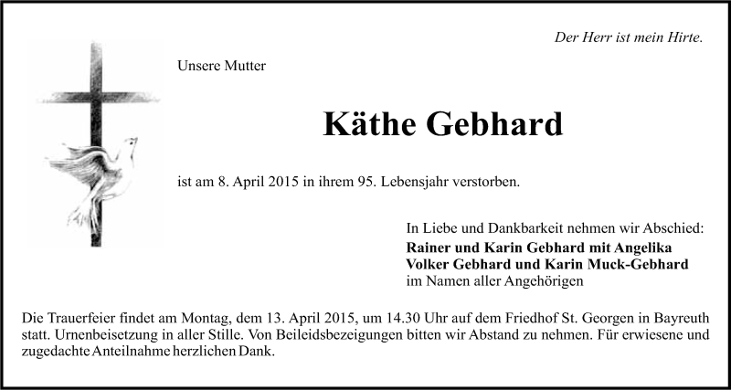  Traueranzeige für Käthe Gebhard vom 11.04.2015 aus Nordbayerischer Kurier