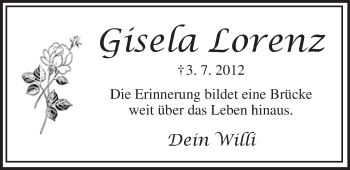 Anzeige von Gisela Lorenz von Nordbayerischer Kurier