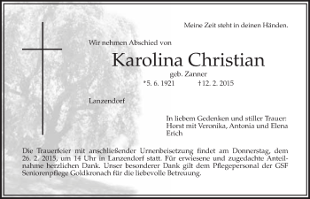 Anzeige von Karolina Christian von Nordbayerischer Kurier