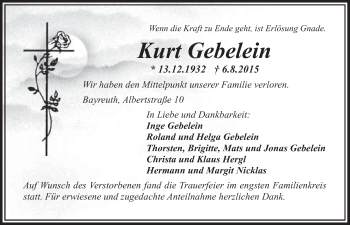 Anzeige von Kurt Gebelein von Nordbayerischer Kurier
