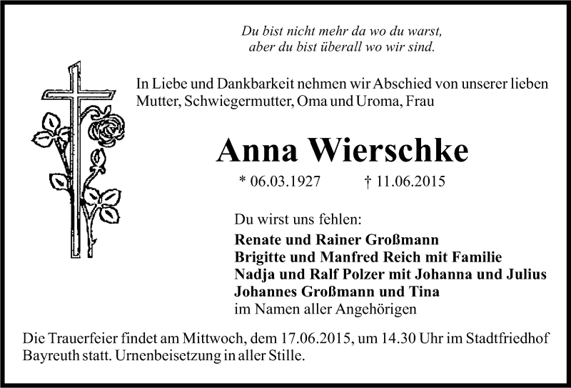  Traueranzeige für Anna Wierschke vom 13.06.2015 aus Nordbayerischer Kurier