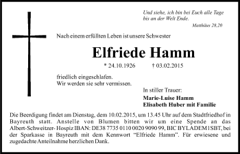 Anzeige von Elfriede Hamm von Nordbayerischer Kurier