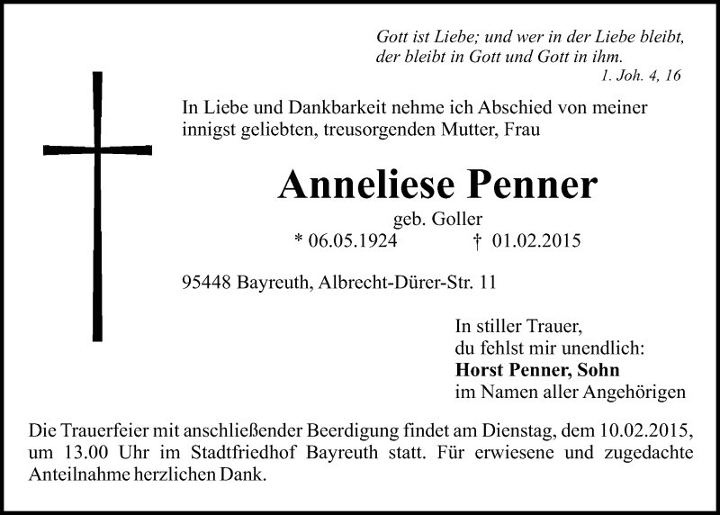  Traueranzeige für Anneliese Penner vom 07.02.2015 aus Nordbayerischer Kurier