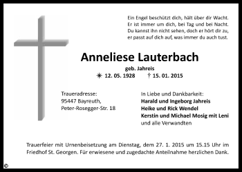 Anzeige von Anneliese Lauterbach von Nordbayerischer Kurier