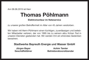 Anzeige von Thomas Pöhlmann von Nordbayerischer Kurier