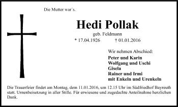 Anzeige von Hedi Pollak von Nordbayerischer Kurier