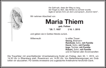 Anzeige von Maria Thiem von Nordbayerischer Kurier