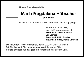 Anzeige von Maria Magdalena Hübscher von Nordbayerischer Kurier