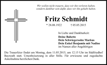 Anzeige von Fritz Schmidt von Nordbayerischer Kurier