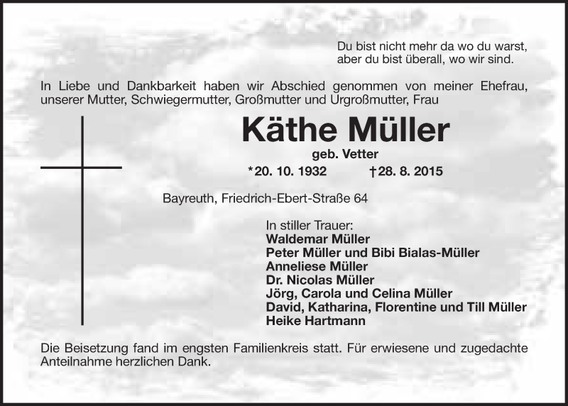  Traueranzeige für Käthe Müller vom 12.09.2015 aus Nordbayerischer Kurier