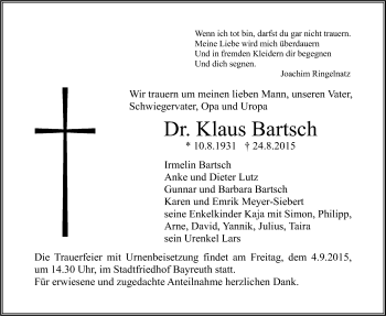 Anzeige von Klaus Bartsch von Nordbayerischer Kurier