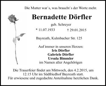 Anzeige von Bernadette Dörfler von Nordbayerischer Kurier
