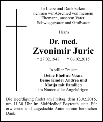 Anzeige von Zvonimir Juric von Nordbayerischer Kurier