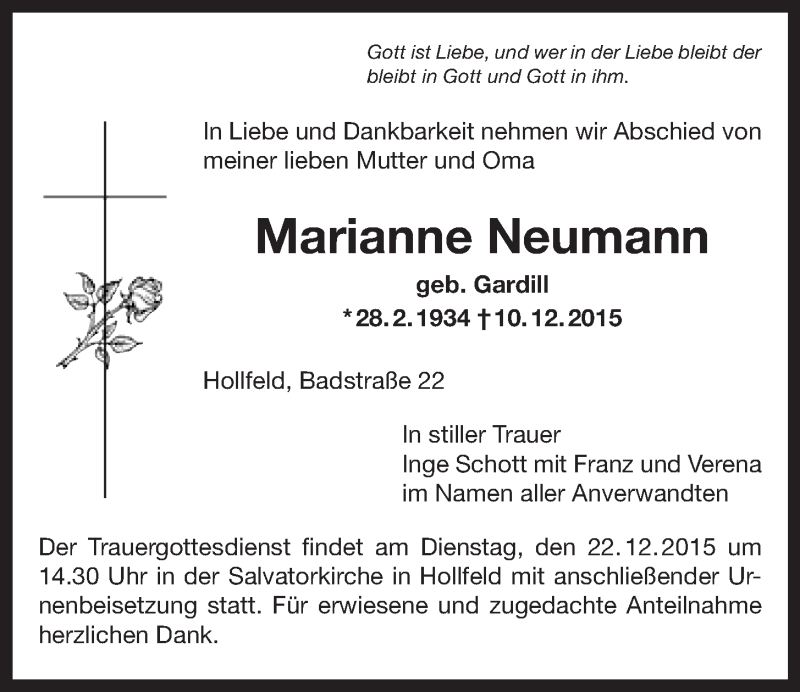  Traueranzeige für Marianne Neumann vom 21.12.2015 aus Nordbayerischer Kurier