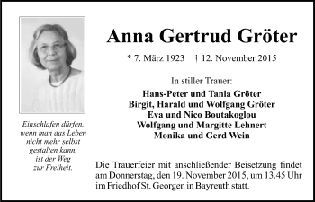 Anzeige von Anna Gertrud Gröter von Nordbayerischer Kurier