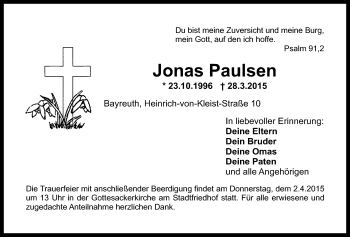 Anzeige von Jonas Paulsen von Nordbayerischer Kurier