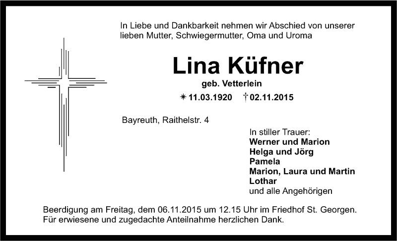  Traueranzeige für Lina Küfner vom 04.11.2015 aus Nordbayerischer Kurier