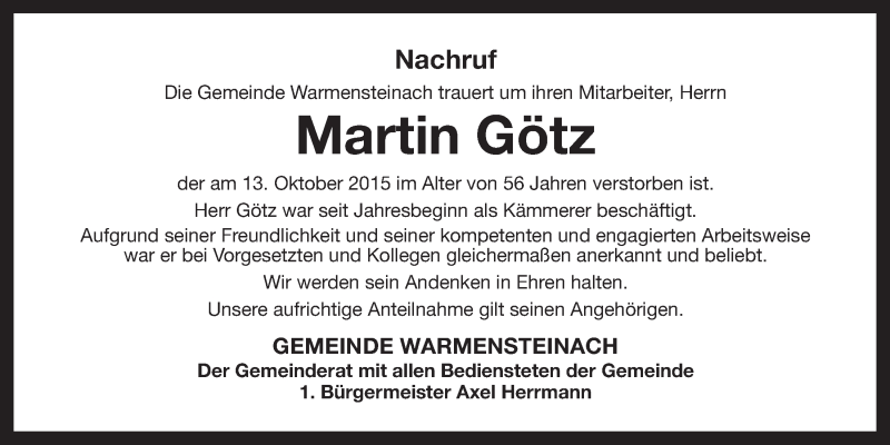  Traueranzeige für Martin Götz vom 31.10.2015 aus Nordbayerischer Kurier