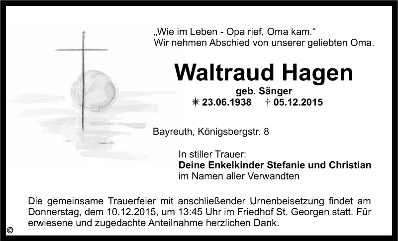  Traueranzeige für Waltraud Hagen vom 08.12.2015 aus Nordbayerischer Kurier