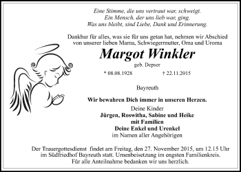 Anzeige von Margot Winkler von Nordbayerischer Kurier