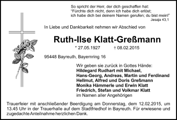 Anzeige von Ruth-Ilse Klatt-Greßmann von Nordbayerischer Kurier