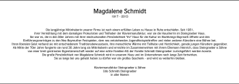 Anzeige von Magdalene Schmidt von Nordbayerischer Kurier