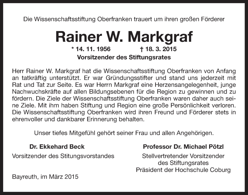  Traueranzeige für Rainer W. Markgraf vom 24.03.2015 aus Nordbayerischer Kurier